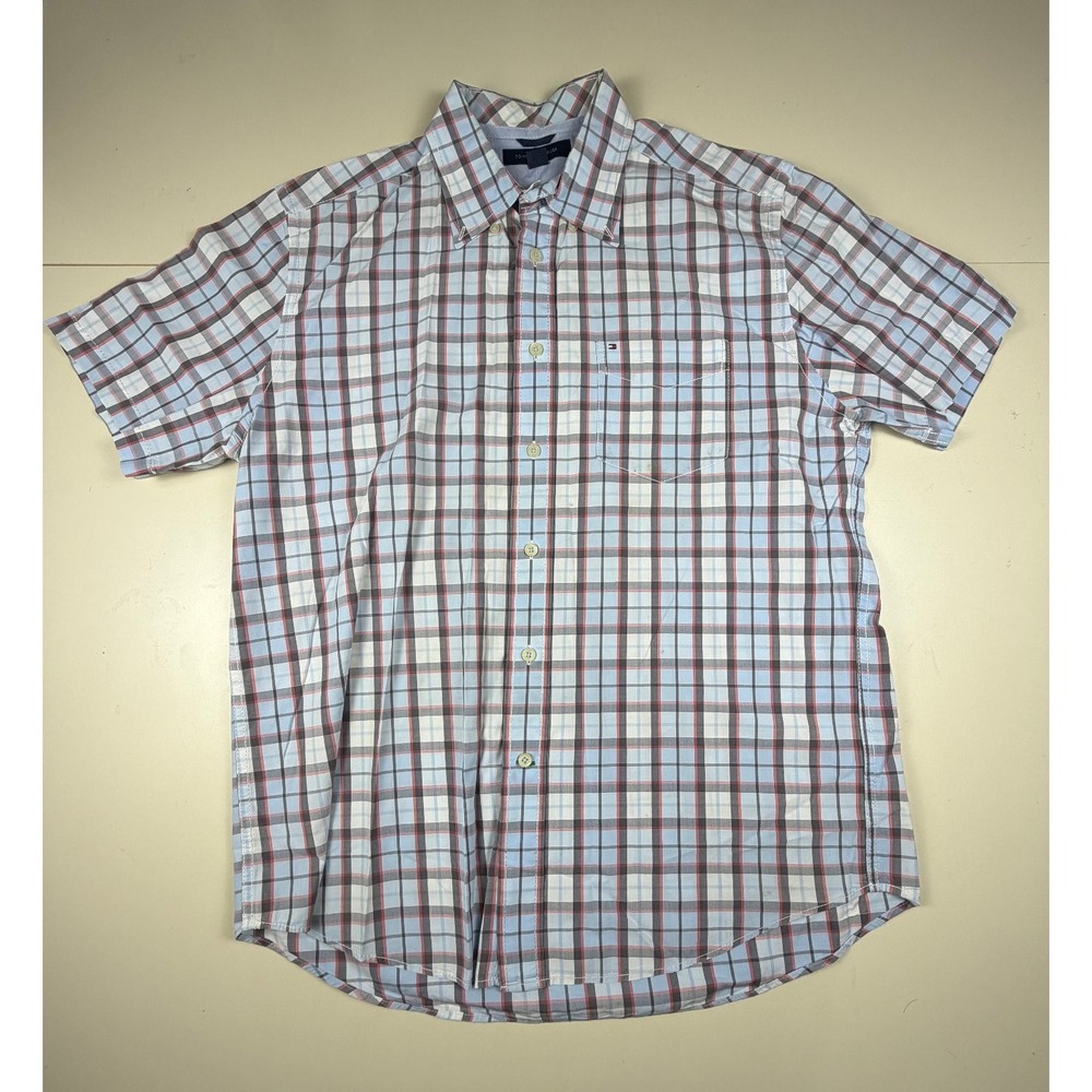 Tommy Hilfiger Casual Button-Down Shirt Men's Blue Plaid L Cotton Short Sleeve